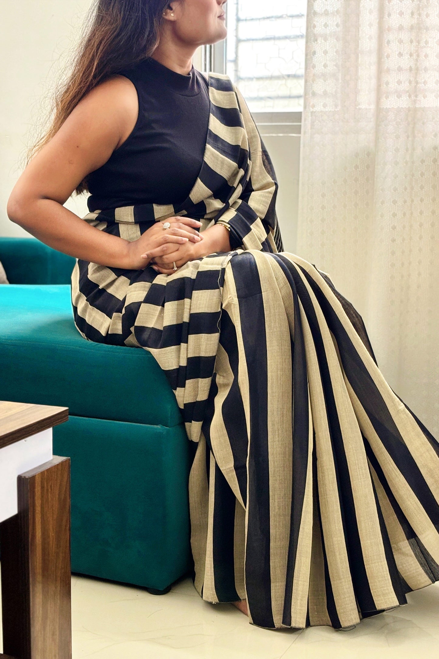 Black-Beige Stripes Cotton Tissue Saree