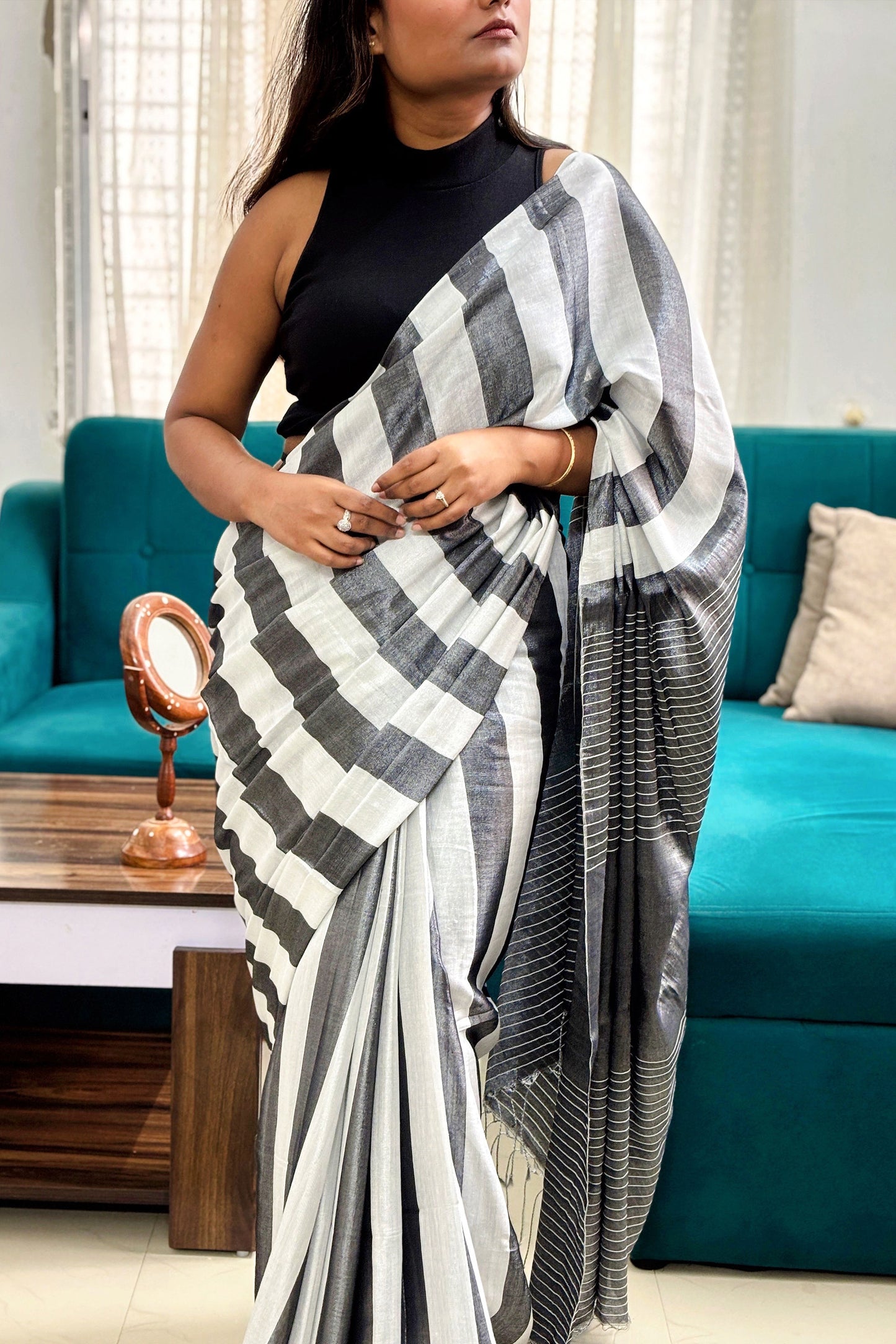 Slate-Silver Tissue Linen Saree