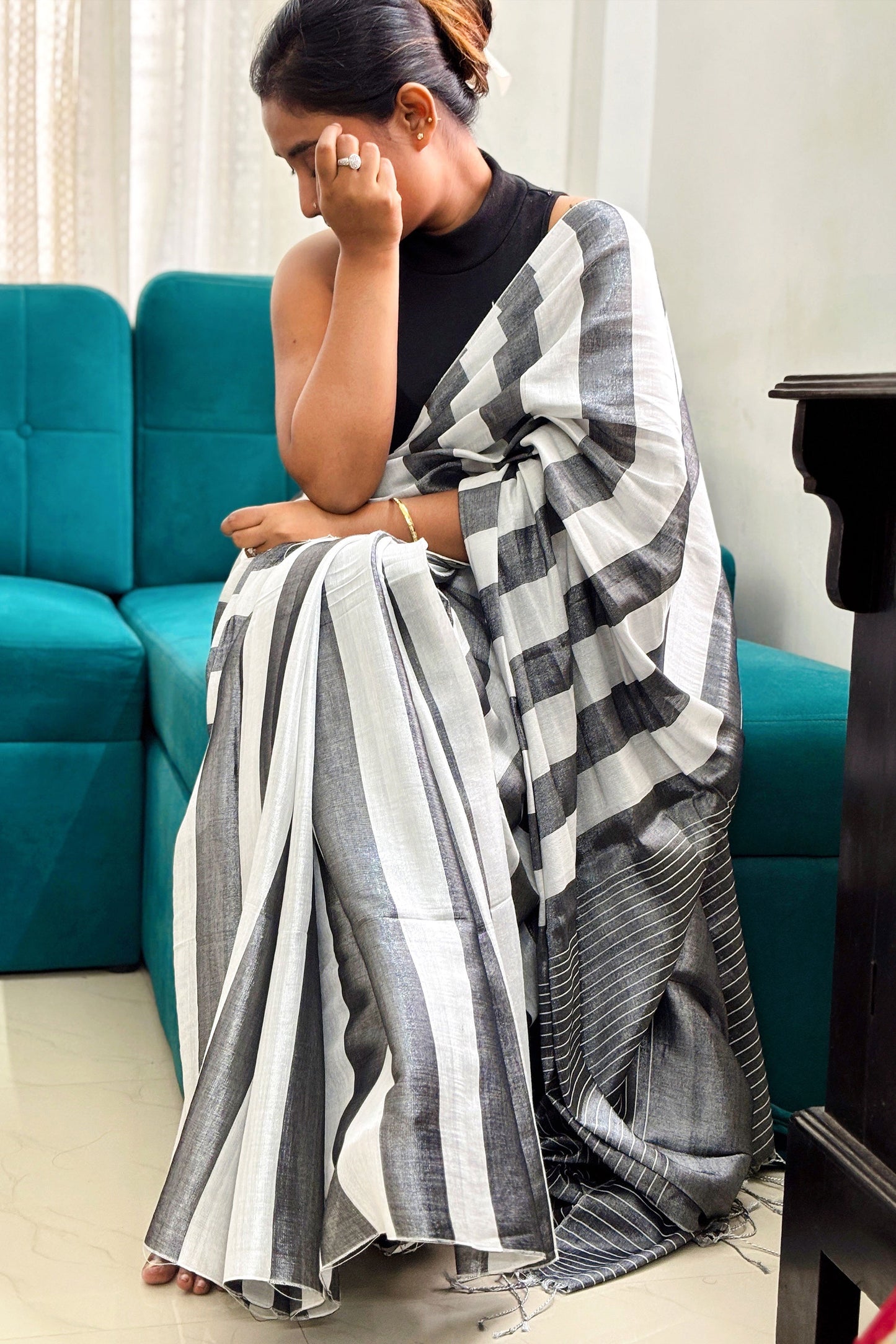 Slate-Silver Tissue Linen Saree