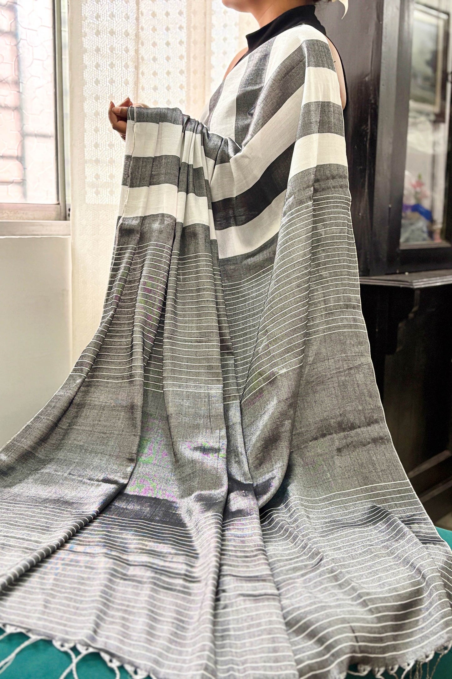 Slate-Silver Tissue Linen Saree