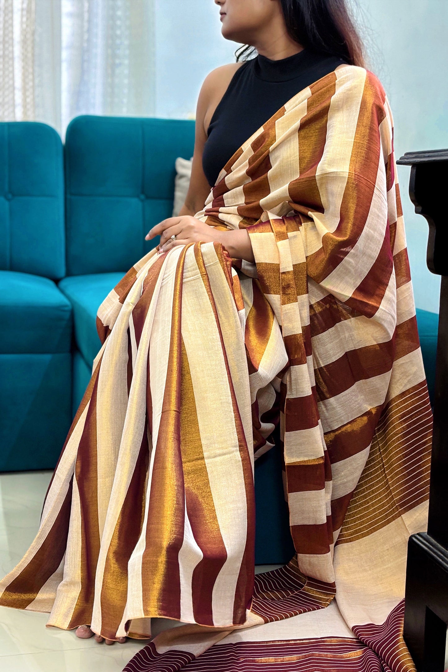 Golden-Champagne Tissue Linen Saree