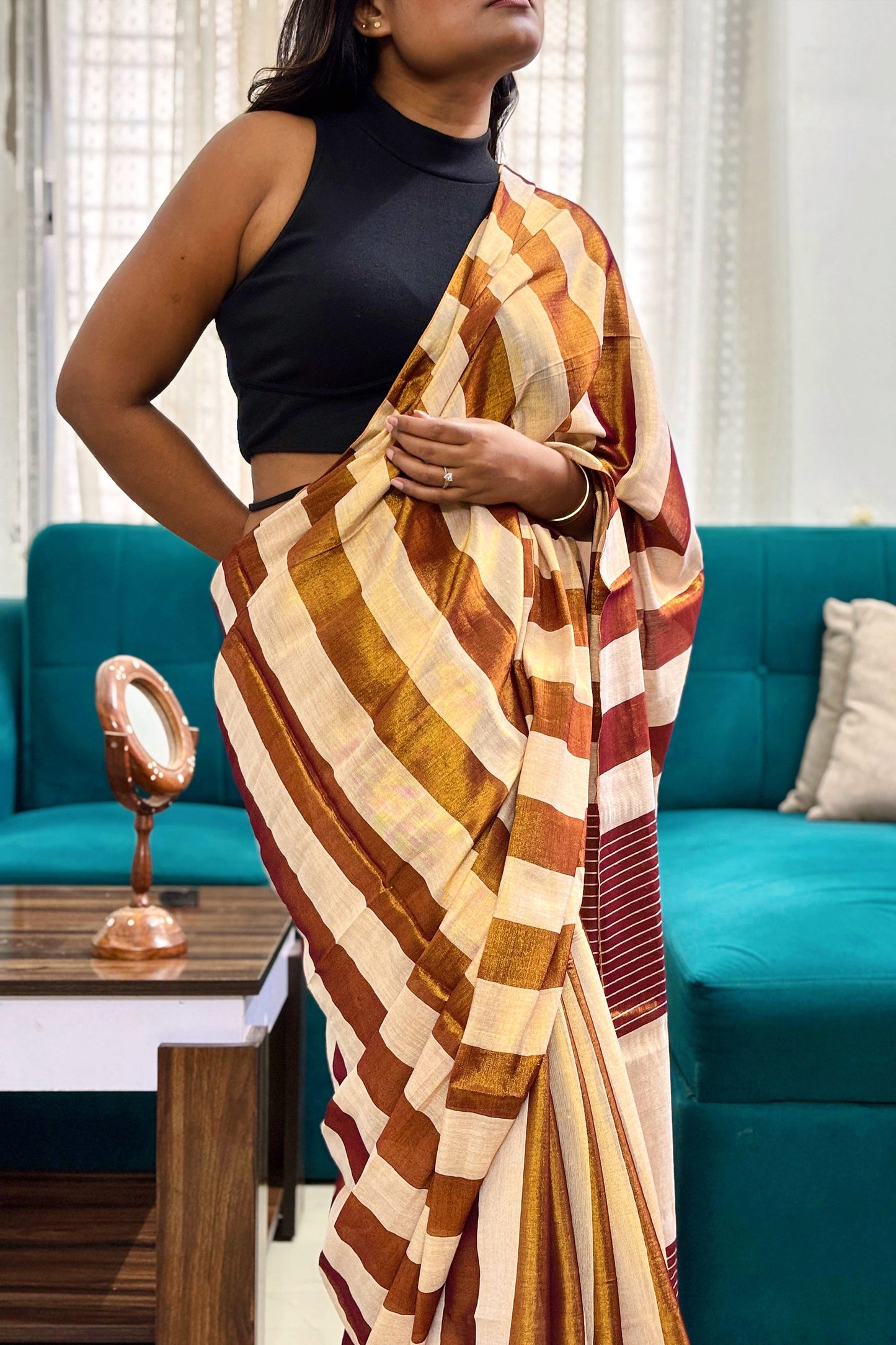 Golden-Champagne Tissue Linen Saree