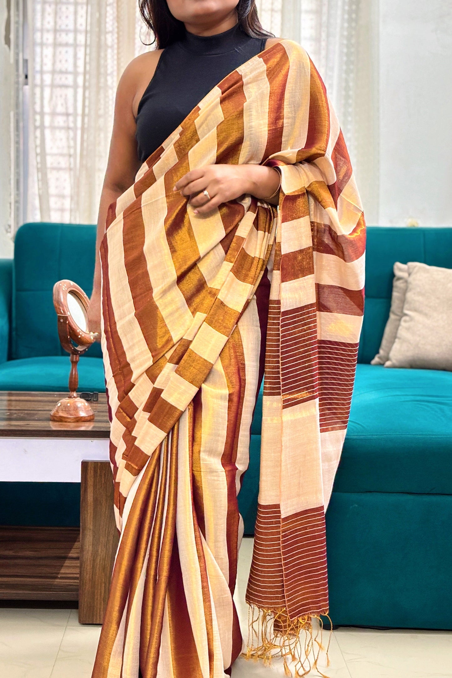 Golden-Champagne Tissue Linen Saree