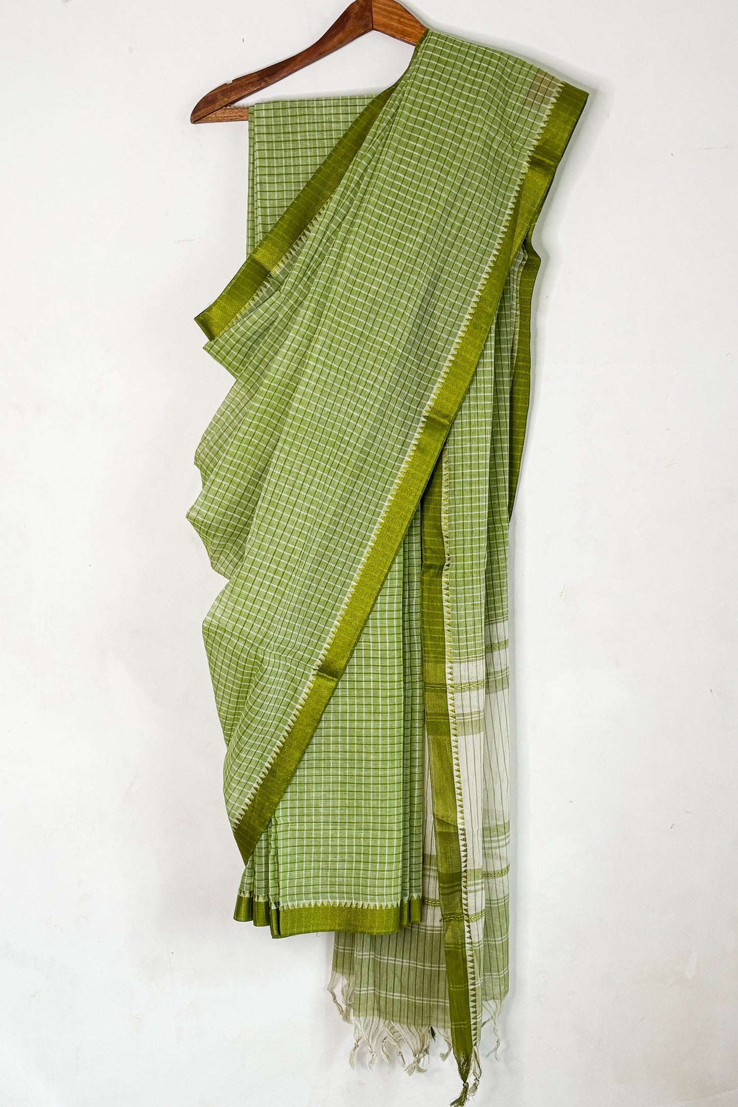 Green White Check Cotton Dhaniakhali Saree