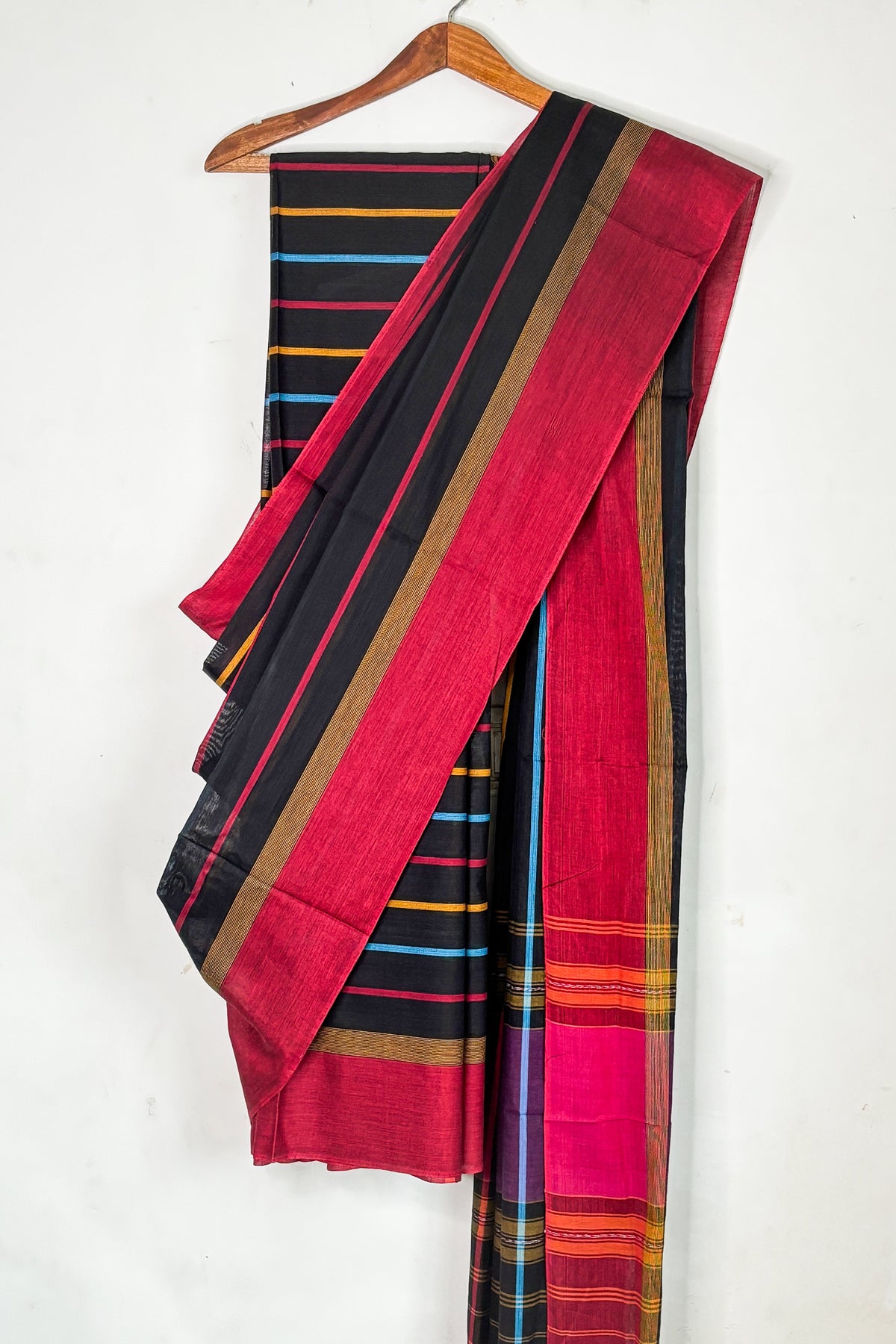 Black Dhaniakhali Cotton Saree with Multicolor Stripes and Red Border