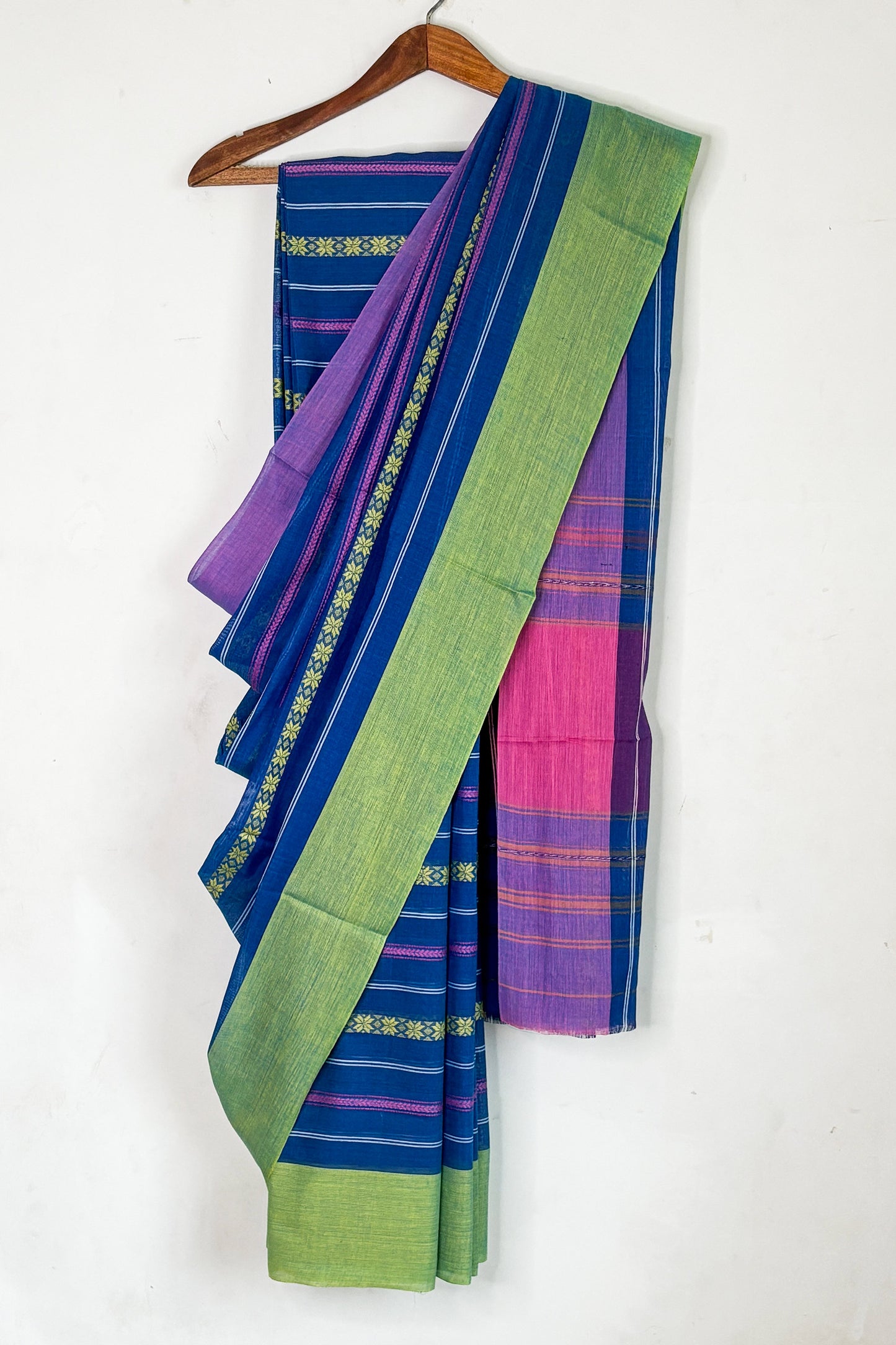 Dodger Blue Stripes Cotton Dhaniakhali Saree with Ganga Jamuna Border