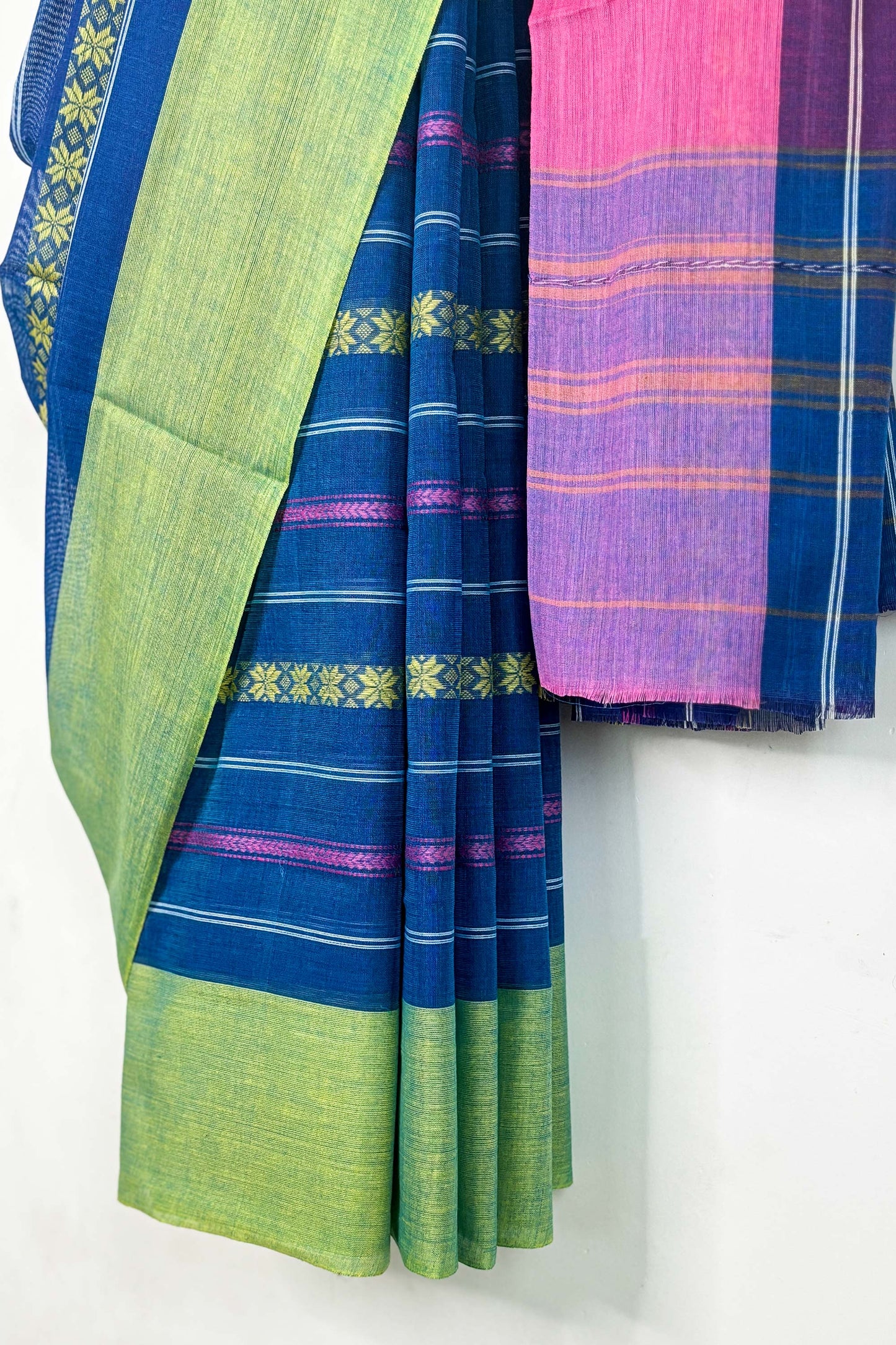 Dodger Blue Stripes Cotton Dhaniakhali Saree with Ganga Jamuna Border