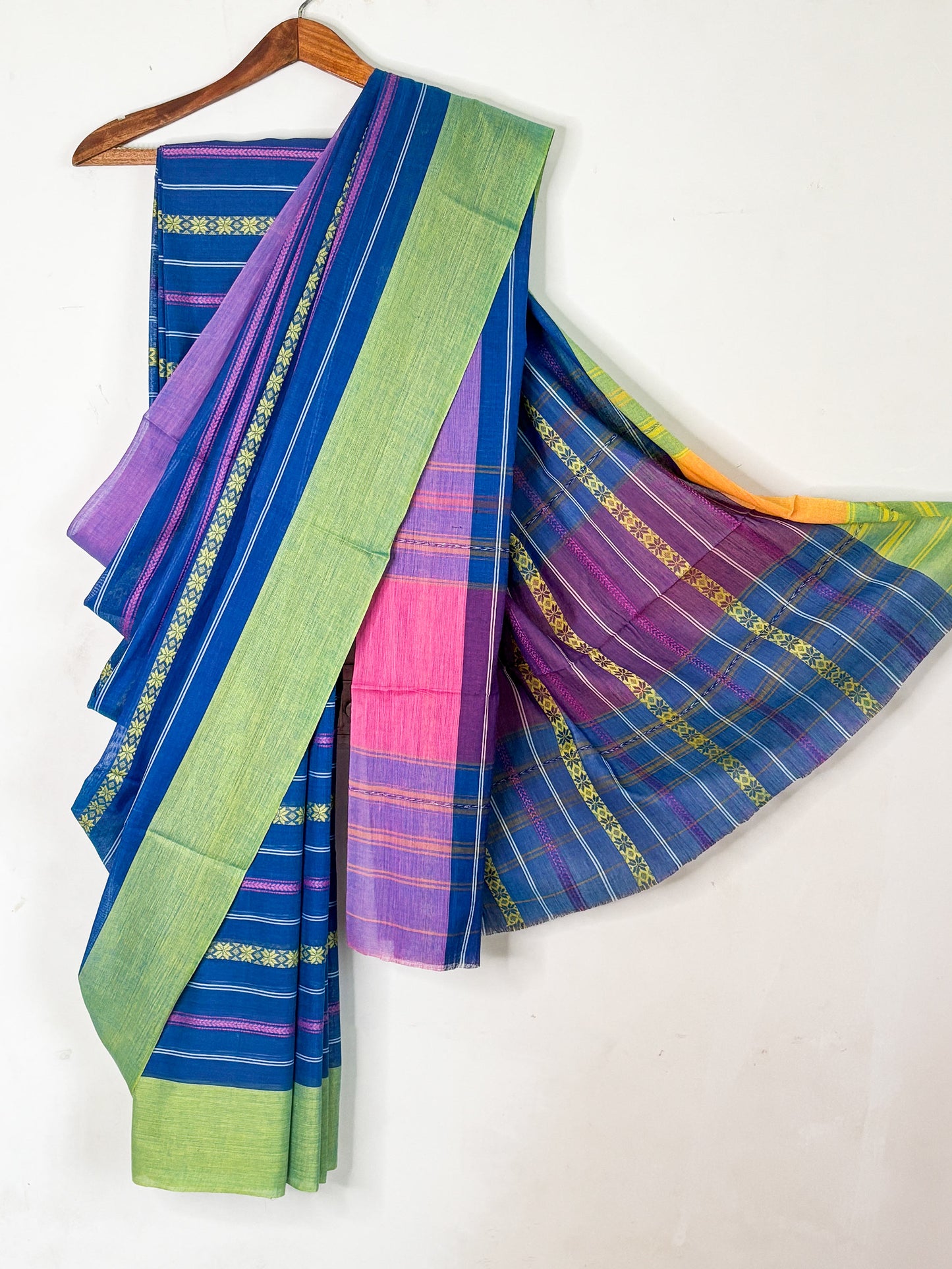 Dodger Blue Stripes Cotton Dhaniakhali Saree with Ganga Jamuna Border