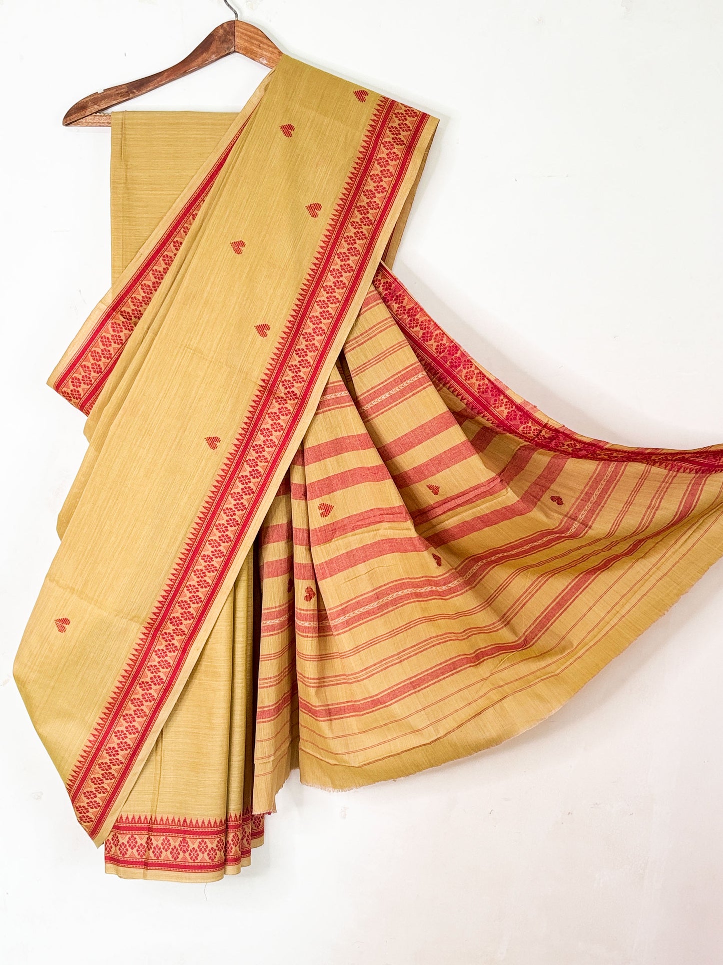 Camel Beige Cotton Dhaniakhali Saree with Woven Love Motifs and Red Borders
