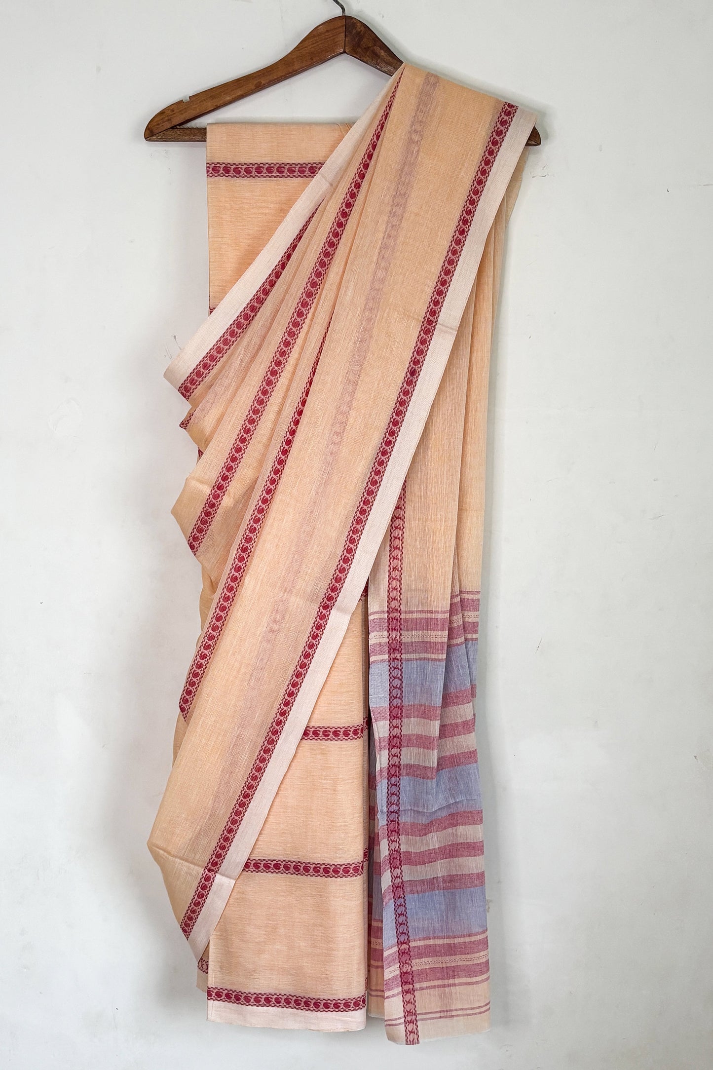 Peach Crayon Woven Stripes Cotton Dhaniakhali Saree
