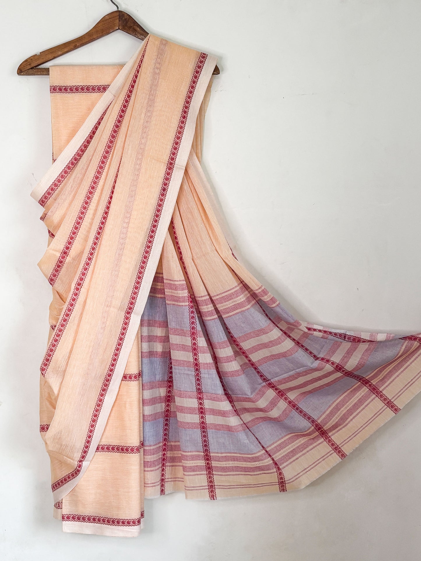 Peach Crayon Woven Stripes Cotton Dhaniakhali Saree