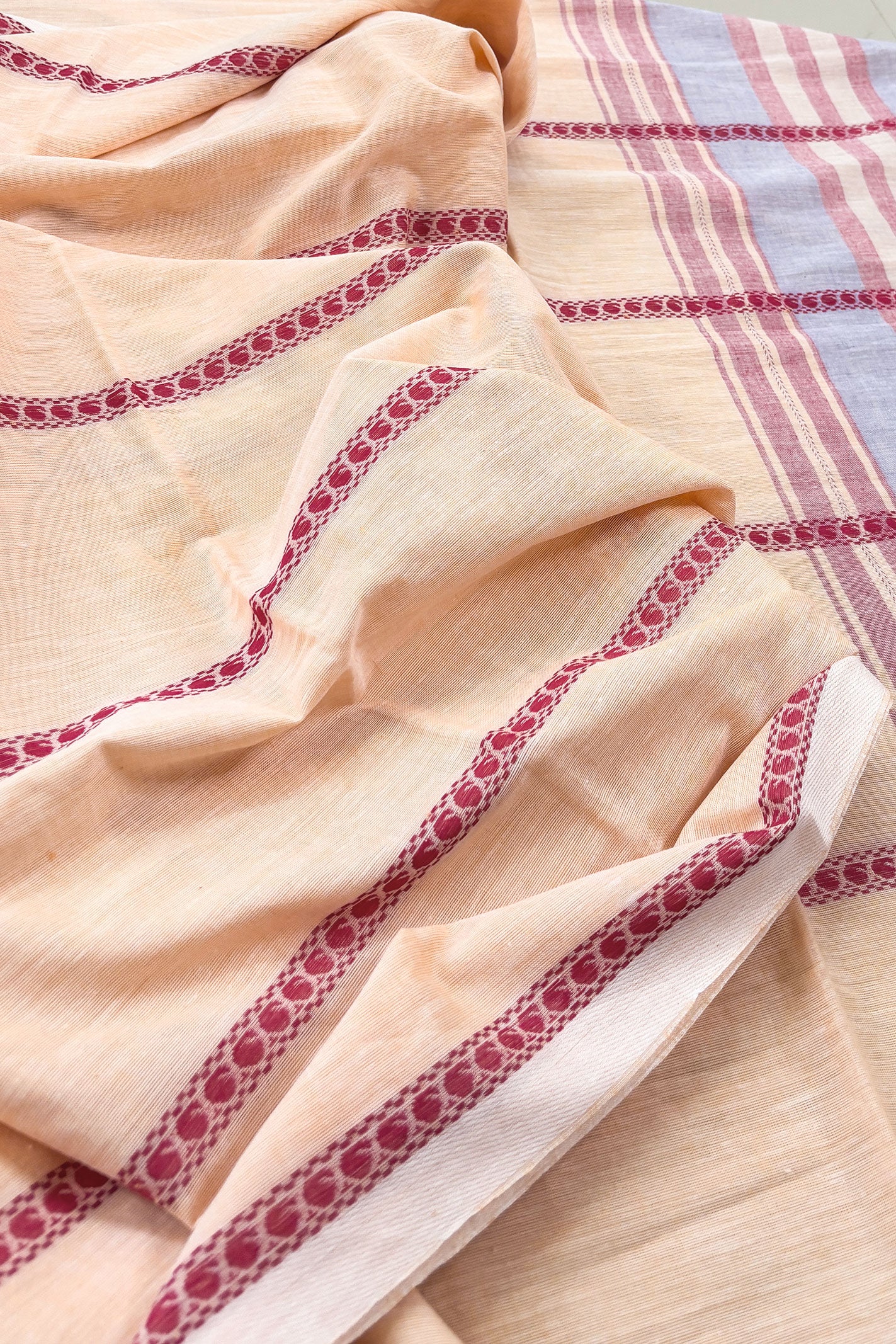 Peach Crayon Woven Stripes Cotton Dhaniakhali Saree