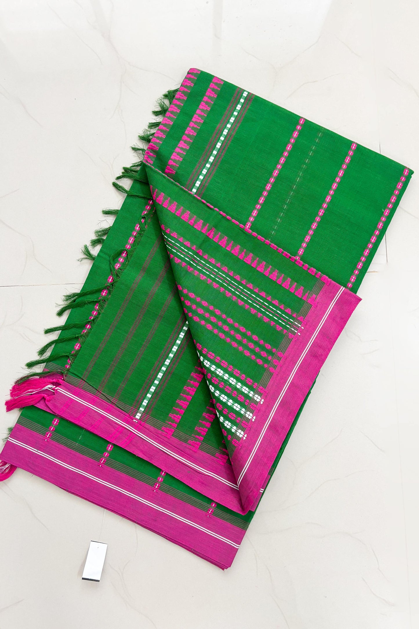 Green Bengal Cotton Saree with Pink Border