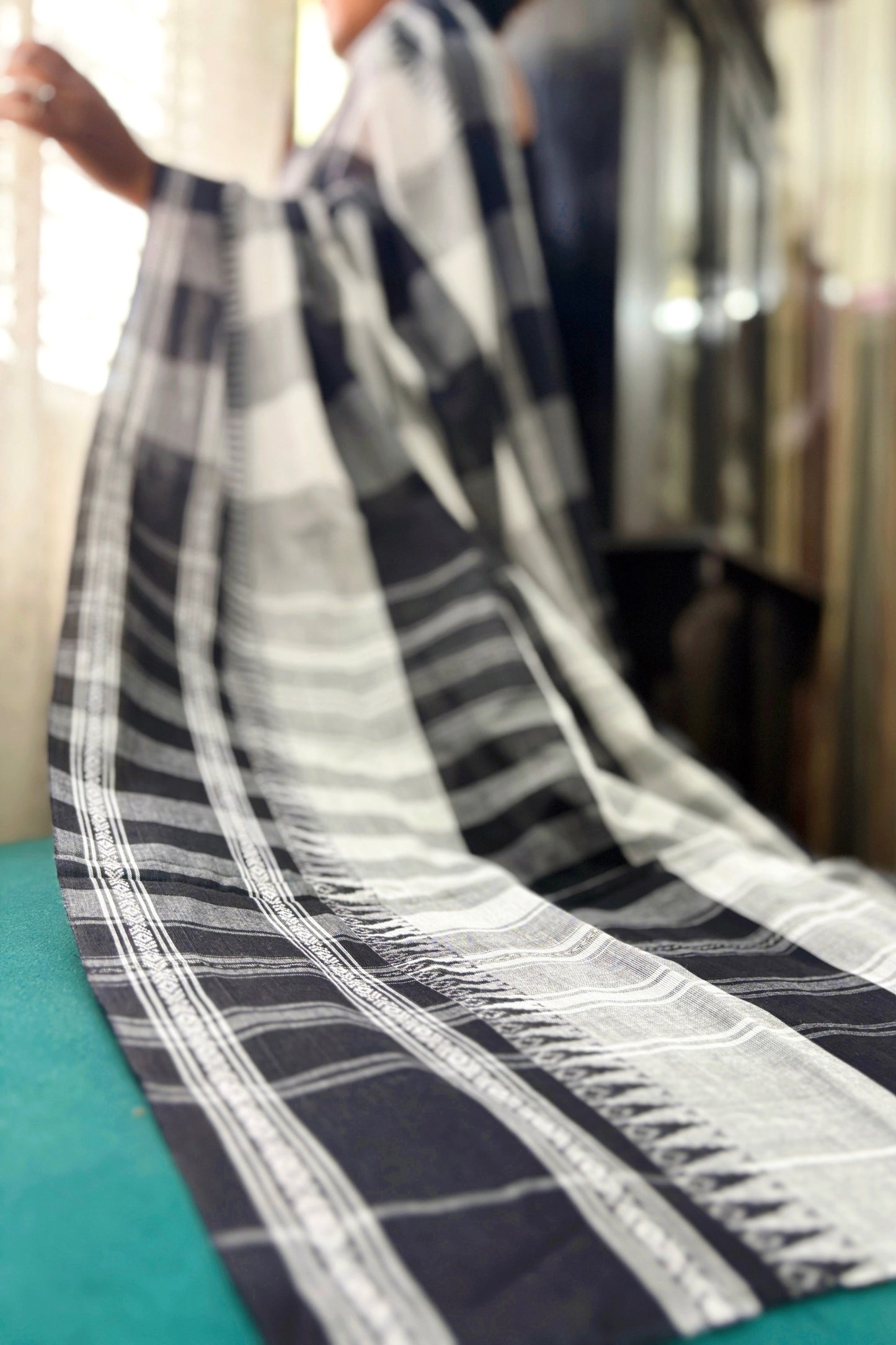 White Black Cotton Big Check Dhaniakhali Saree