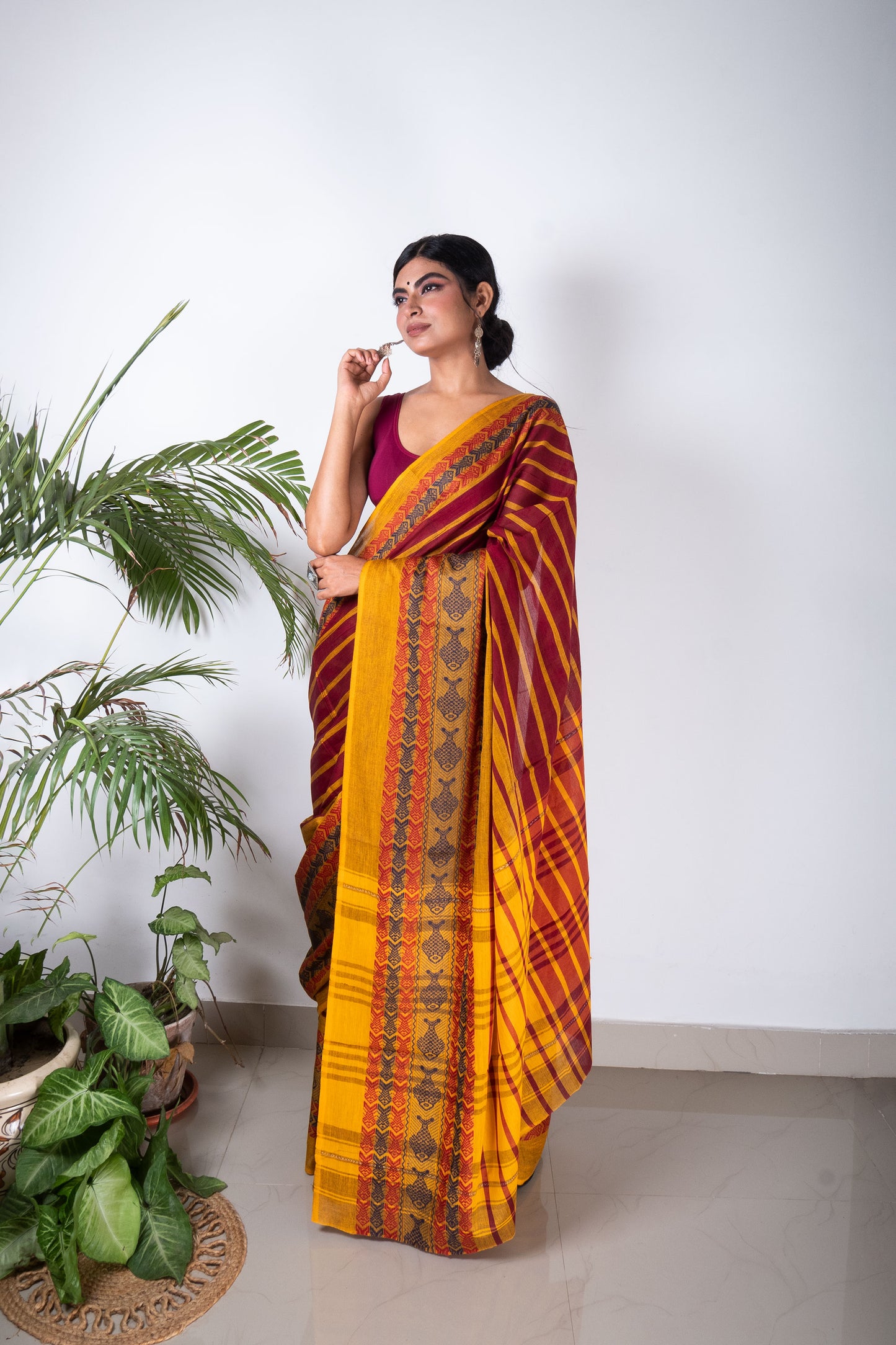 Yellow-Maroon Dhaniakhali Cotton Fish Motif Saree