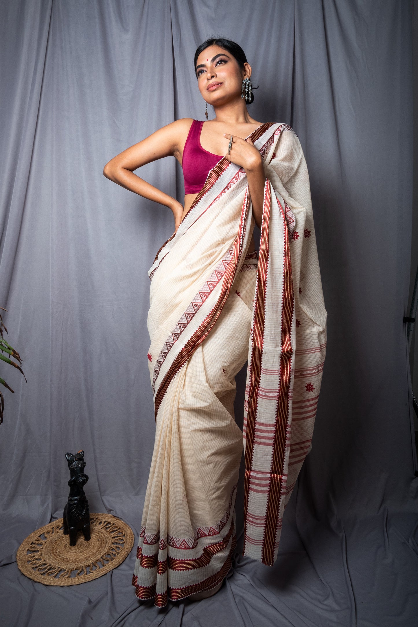 Buy Cream Maroon Small Check Dhaniakhali Soft Cotton Saree- Mayasha