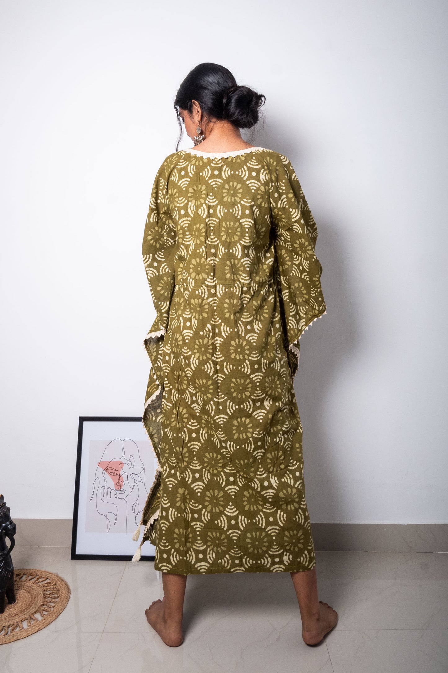 Green Hand Block Printed Cotton Kaftan Dress