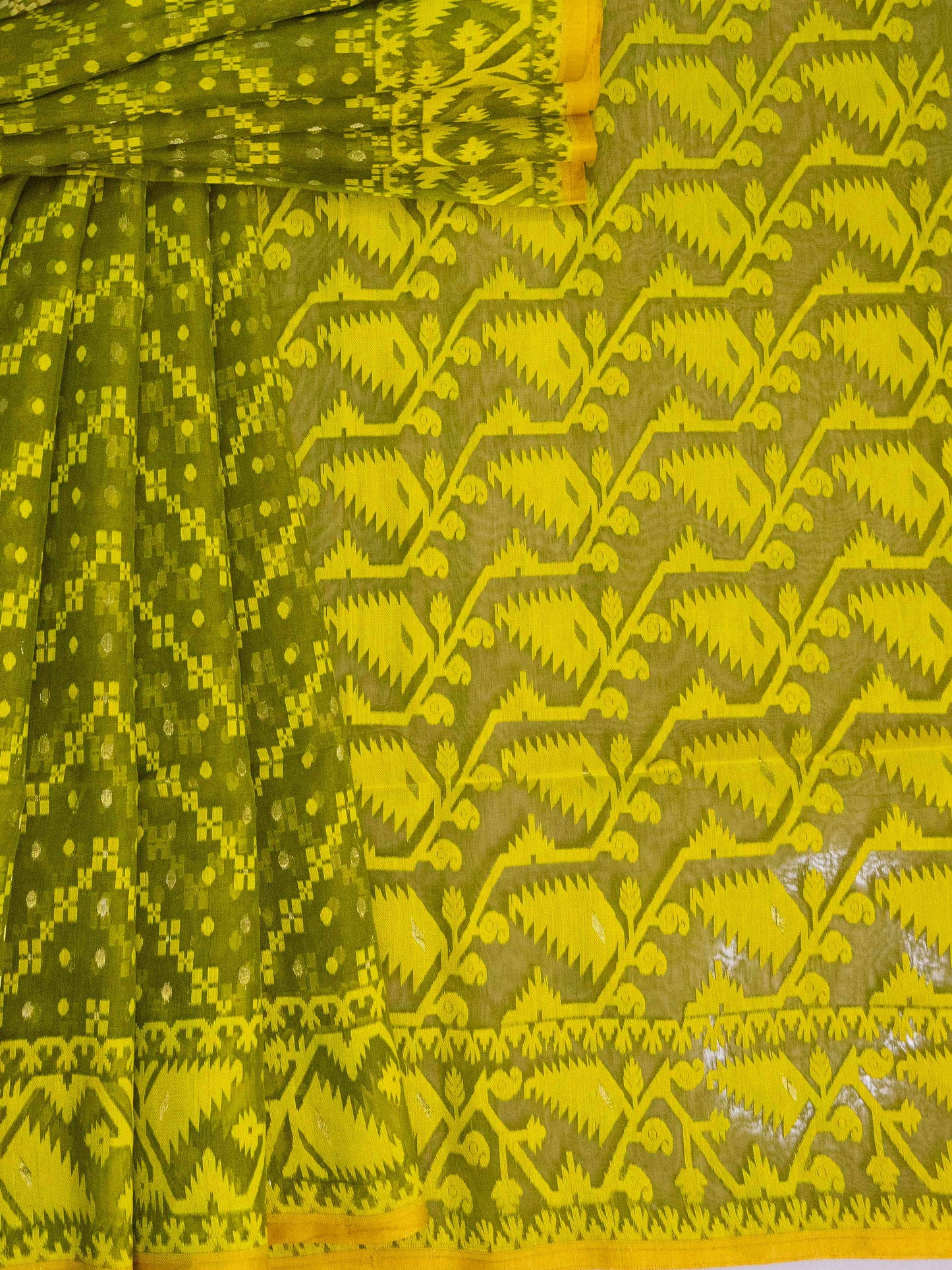 Neon Green on Mehendi Green Bengal Dhakai Jamdani Saree