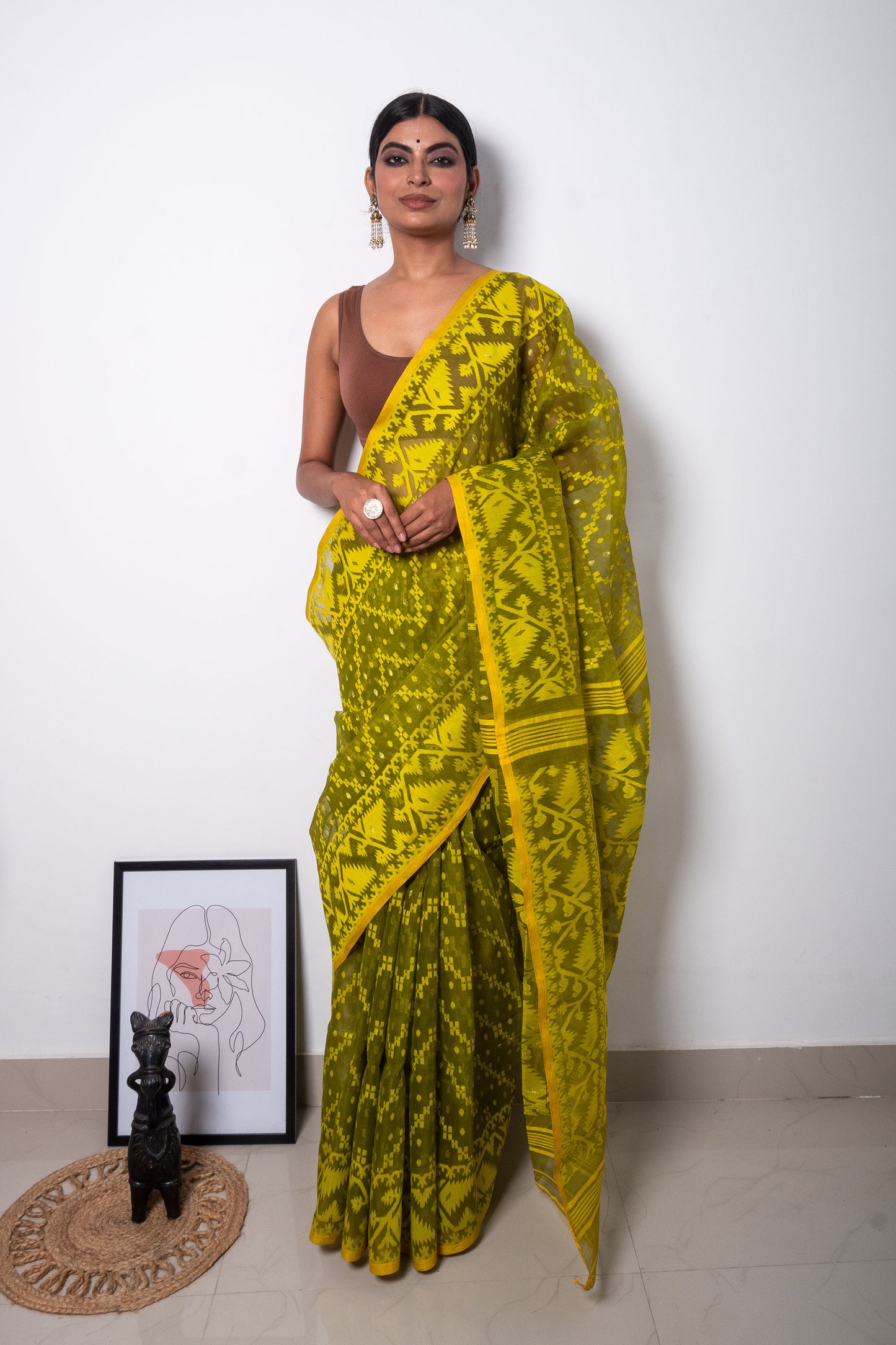 Neon Green on Mehendi Green Bengal Dhakai Jamdani Saree