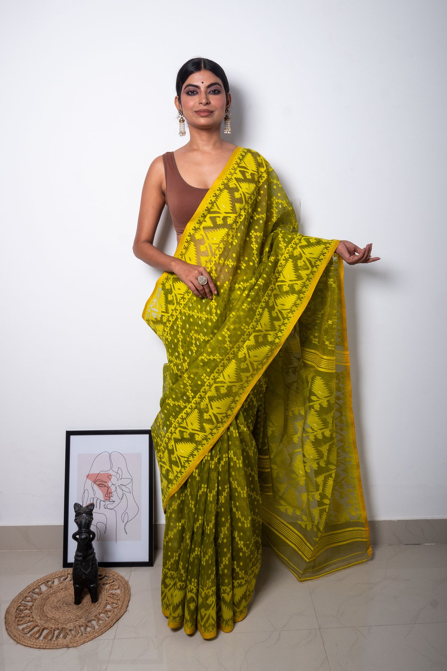 Neon Green on Mehendi Green Bengal Dhakai Jamdani Saree
