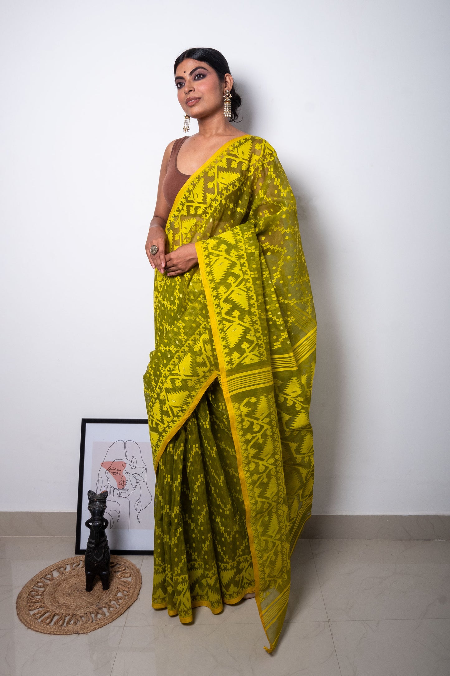 Neon Green on Mehendi Green Bengal Dhakai Jamdani Saree