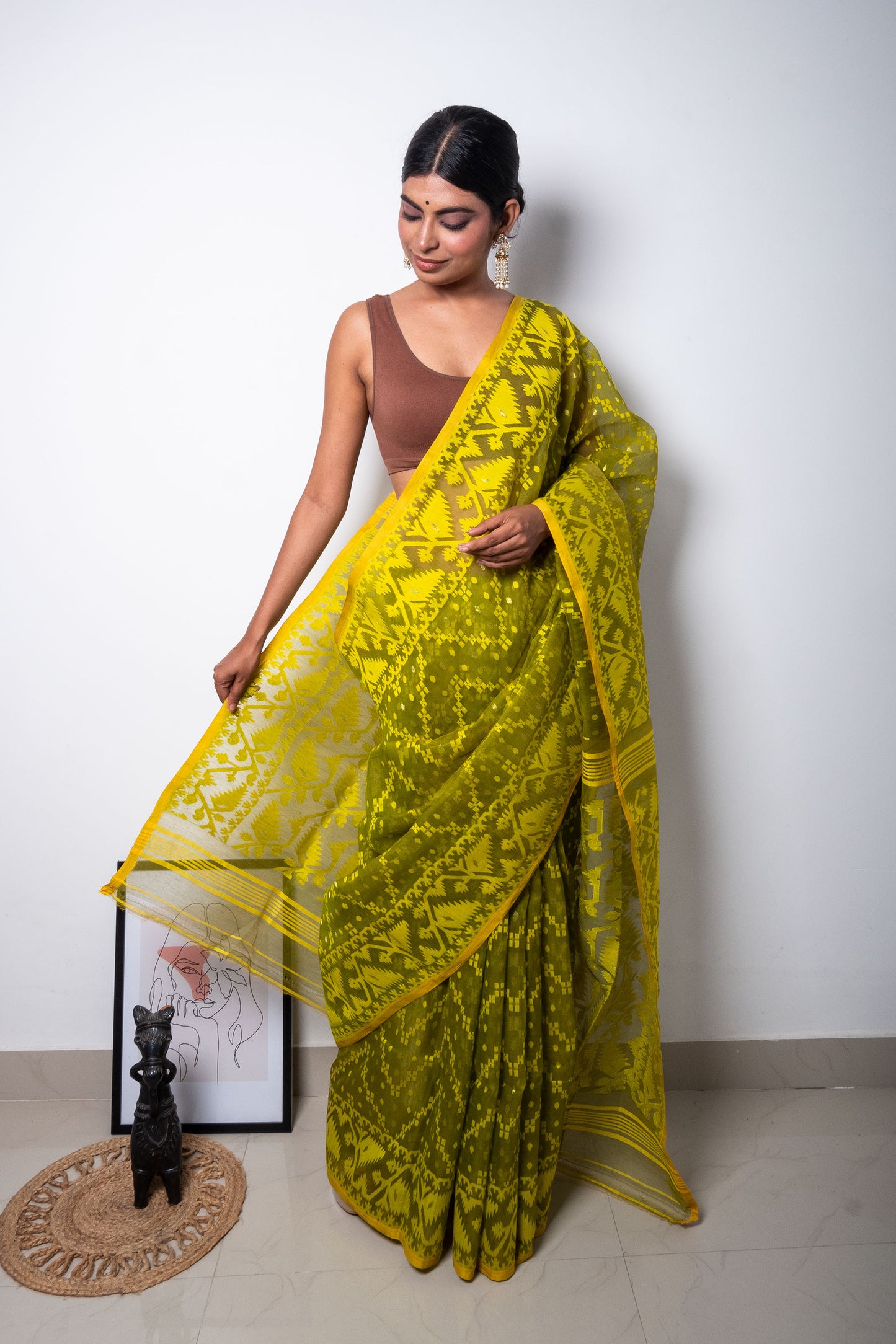 Neon Green on Mehendi Green Bengal Dhakai Jamdani Saree