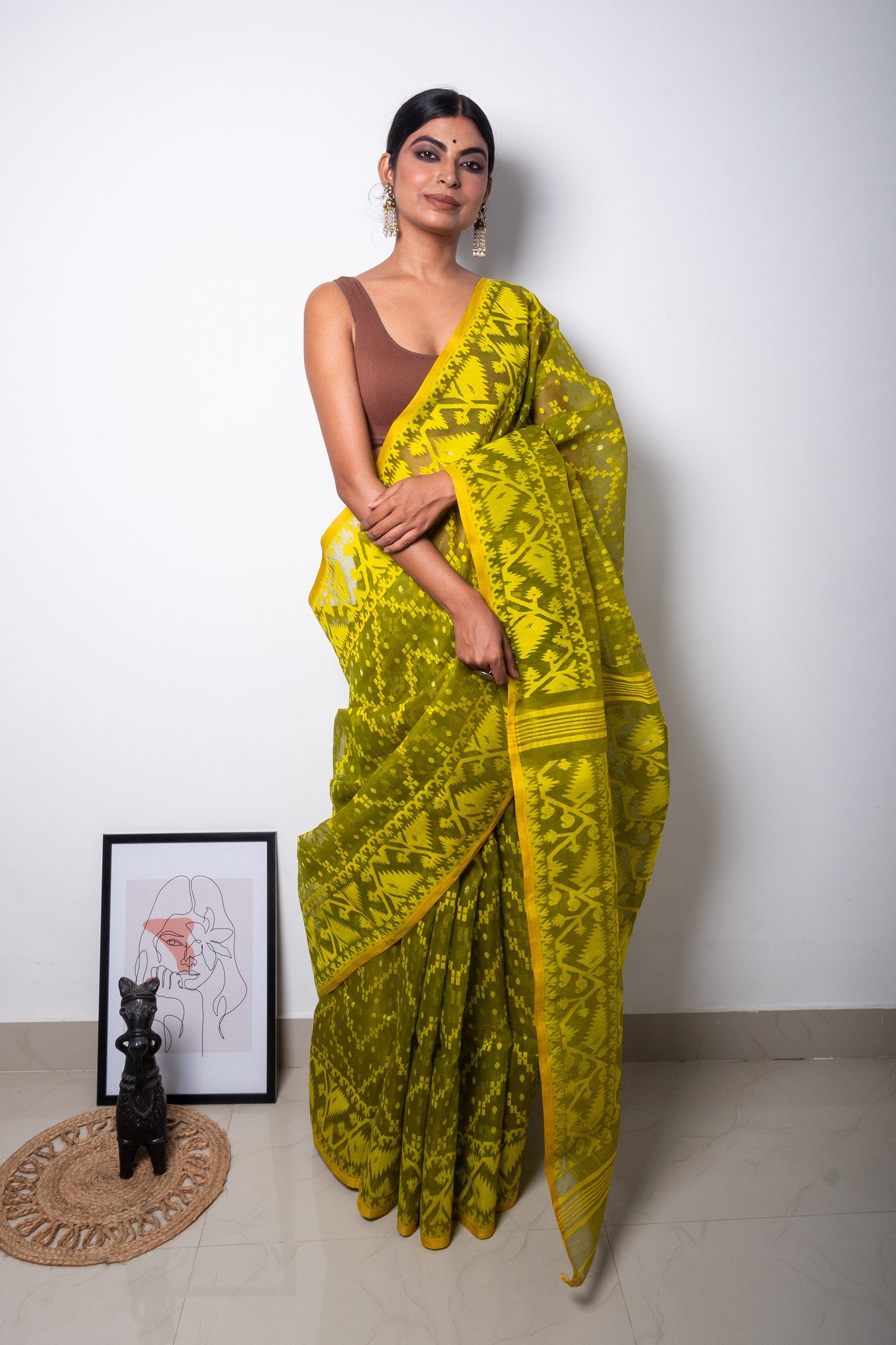 Neon Green on Mehendi Green Bengal Dhakai Jamdani Saree