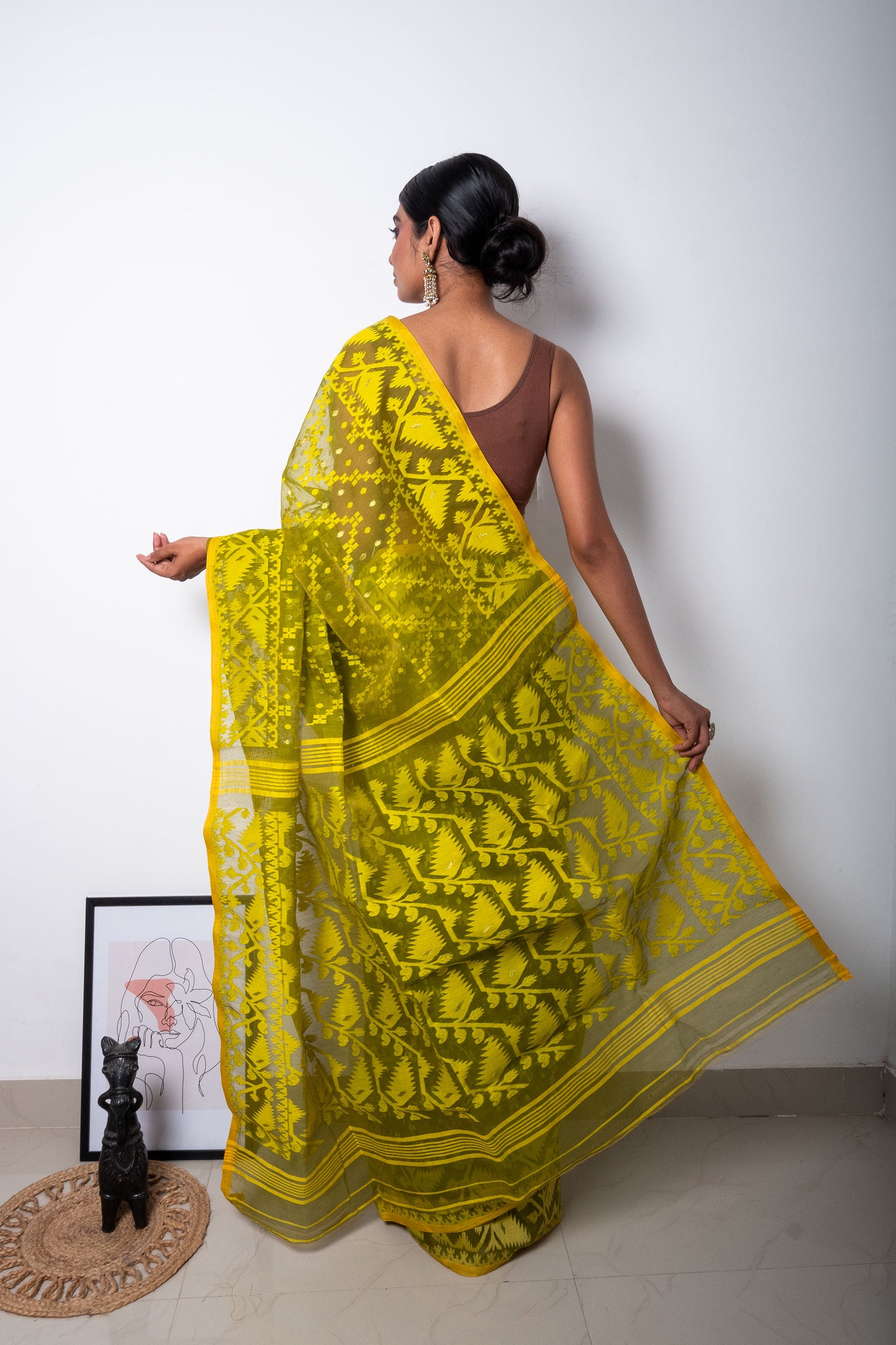 Neon Green on Mehendi Green Bengal Dhakai Jamdani Saree