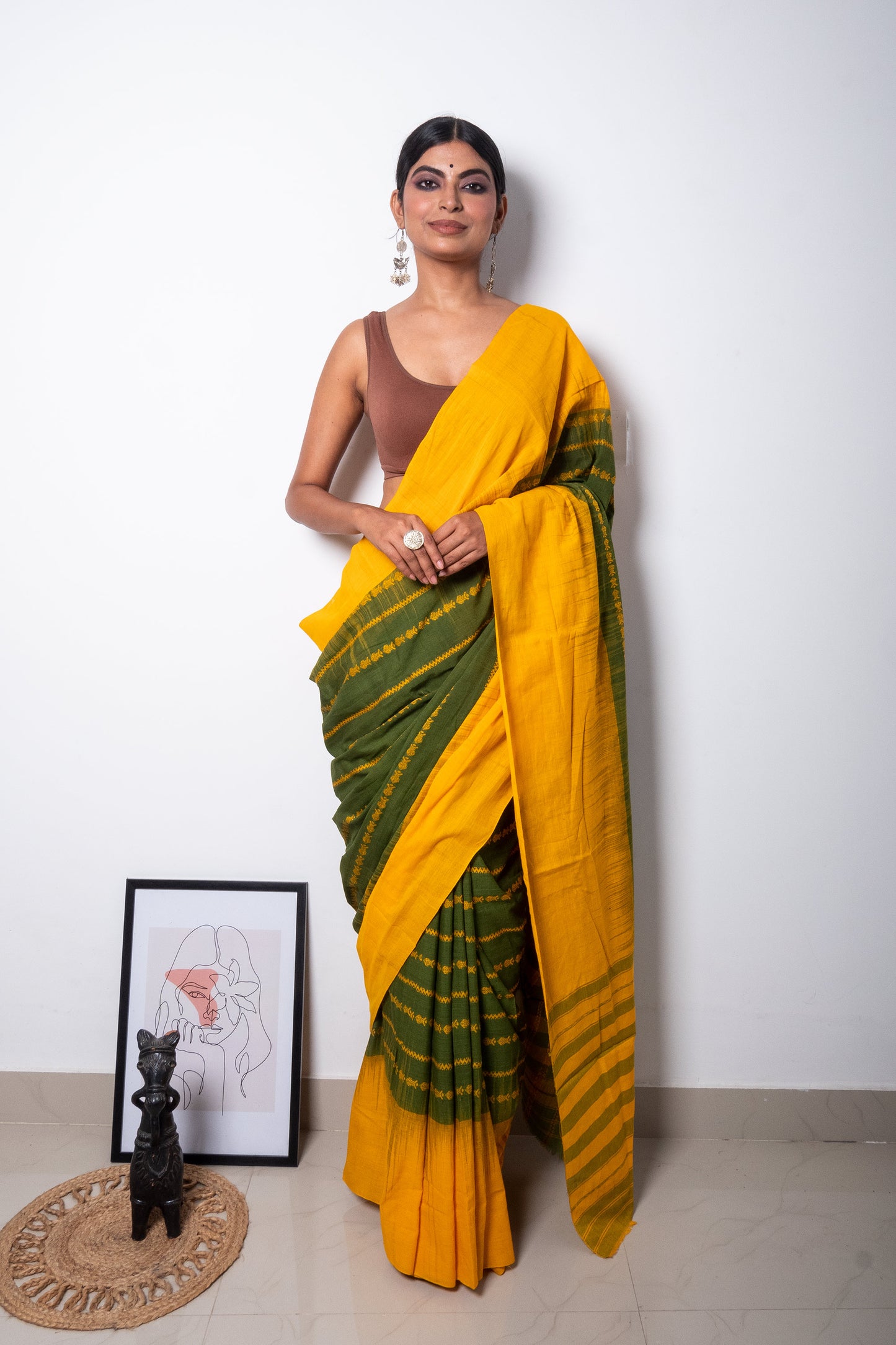 Green-Yellow Small Fish Motifs Dhaniakhali Cotton Saree with Ikat Borders