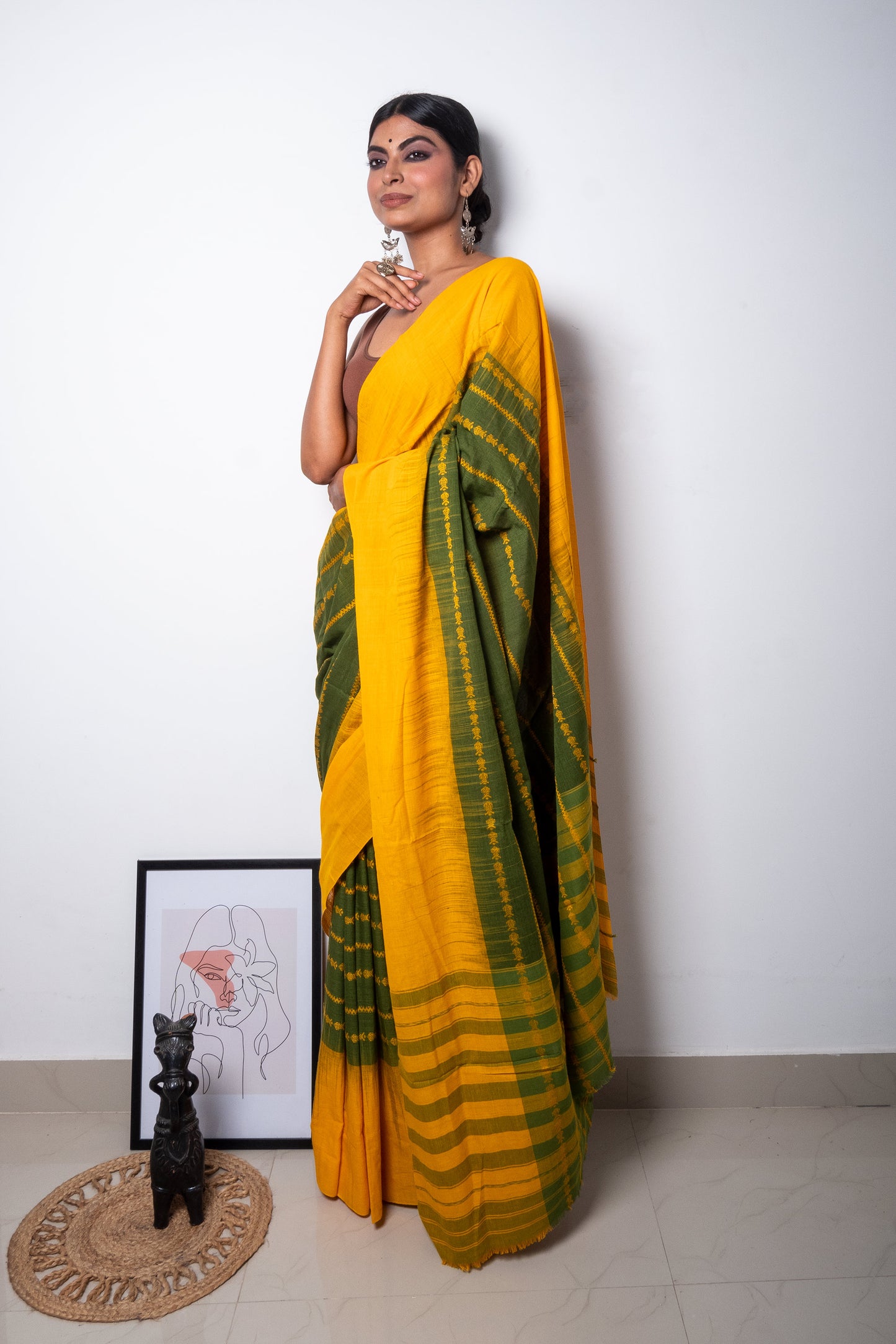 Green-Yellow Small Fish Motifs Dhaniakhali Cotton Saree with Ikat Borders