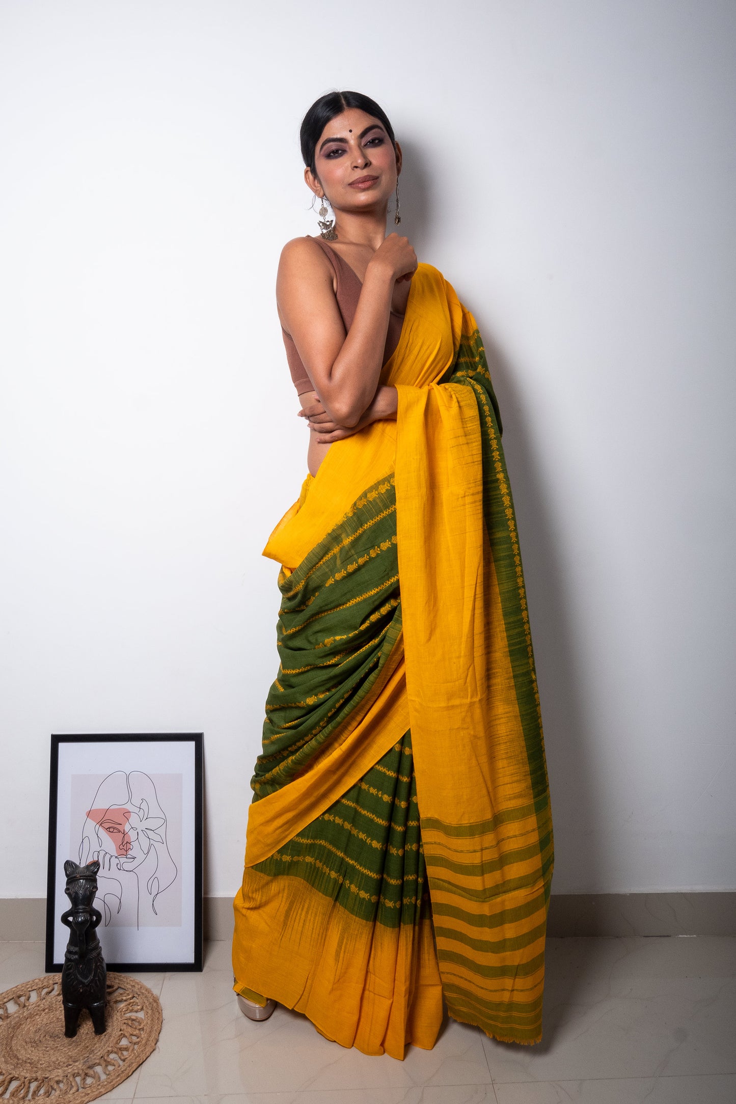 Green-Yellow Small Fish Motifs Dhaniakhali Cotton Saree with Ikat Borders