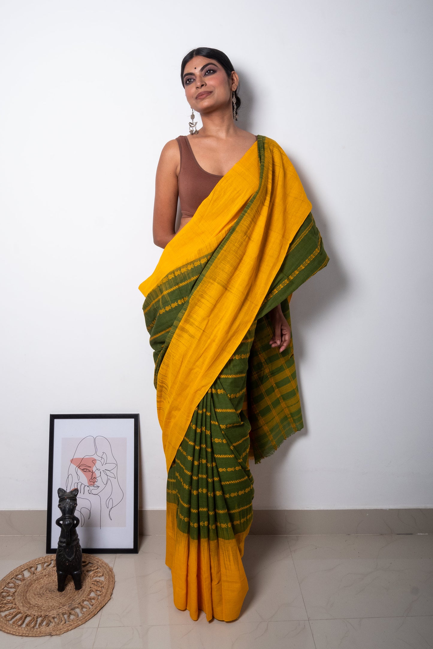 Green-Yellow Small Fish Motifs Dhaniakhali Cotton Saree with Ikat Borders