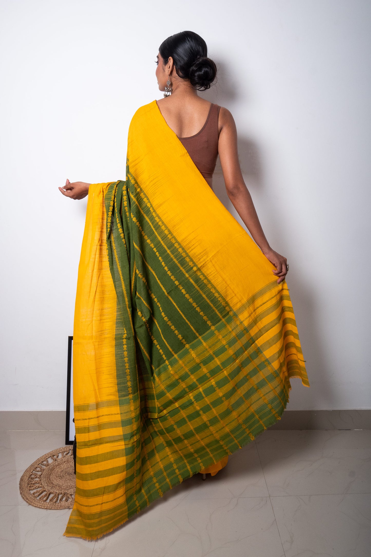 Green-Yellow Small Fish Motifs Dhaniakhali Cotton Saree with Ikat Borders
