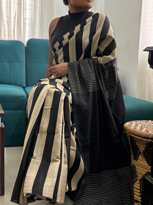 Black Stripes Cotton Tissue Saree