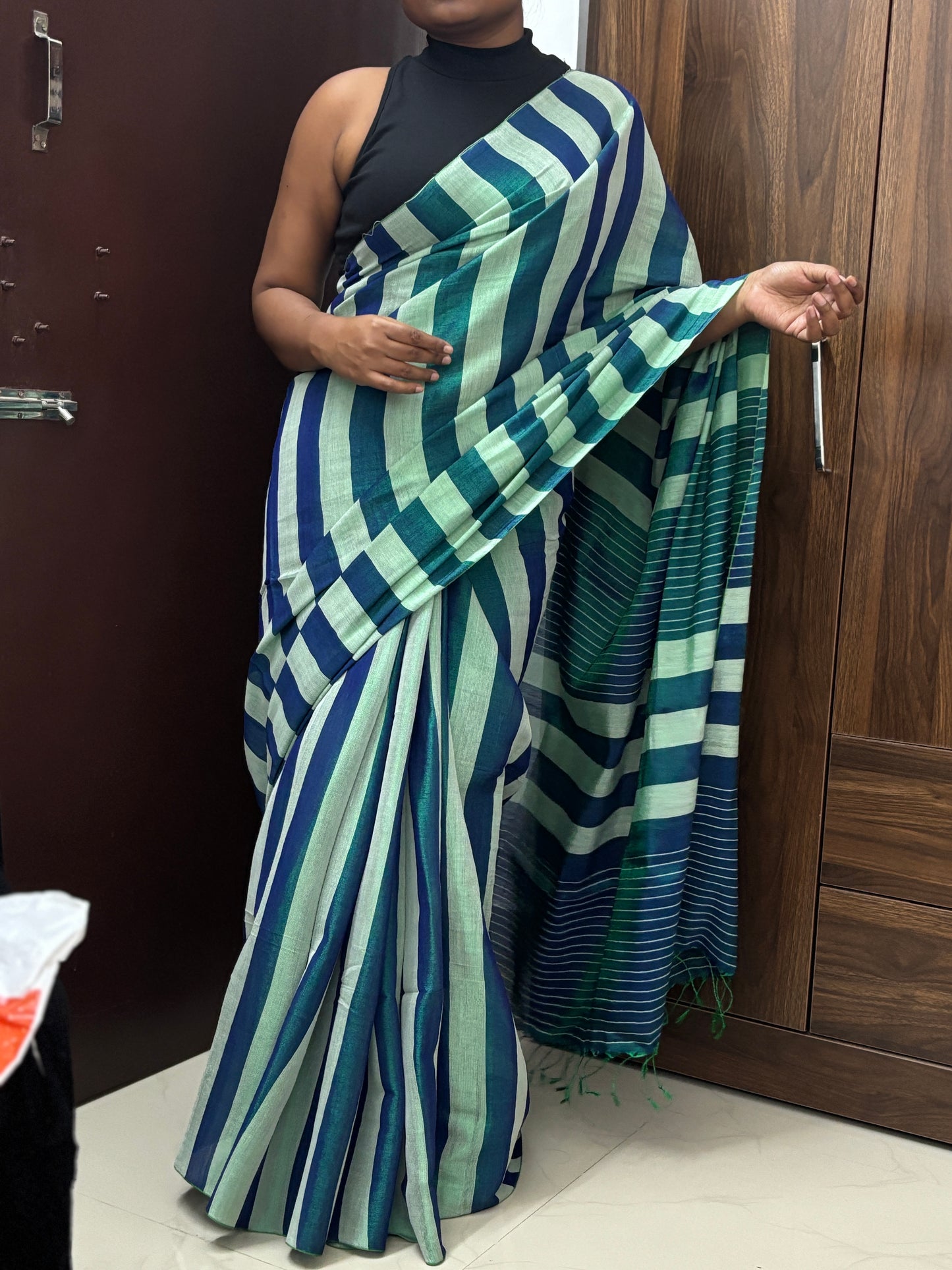 Blue Stripes Cotton Tissue Saree