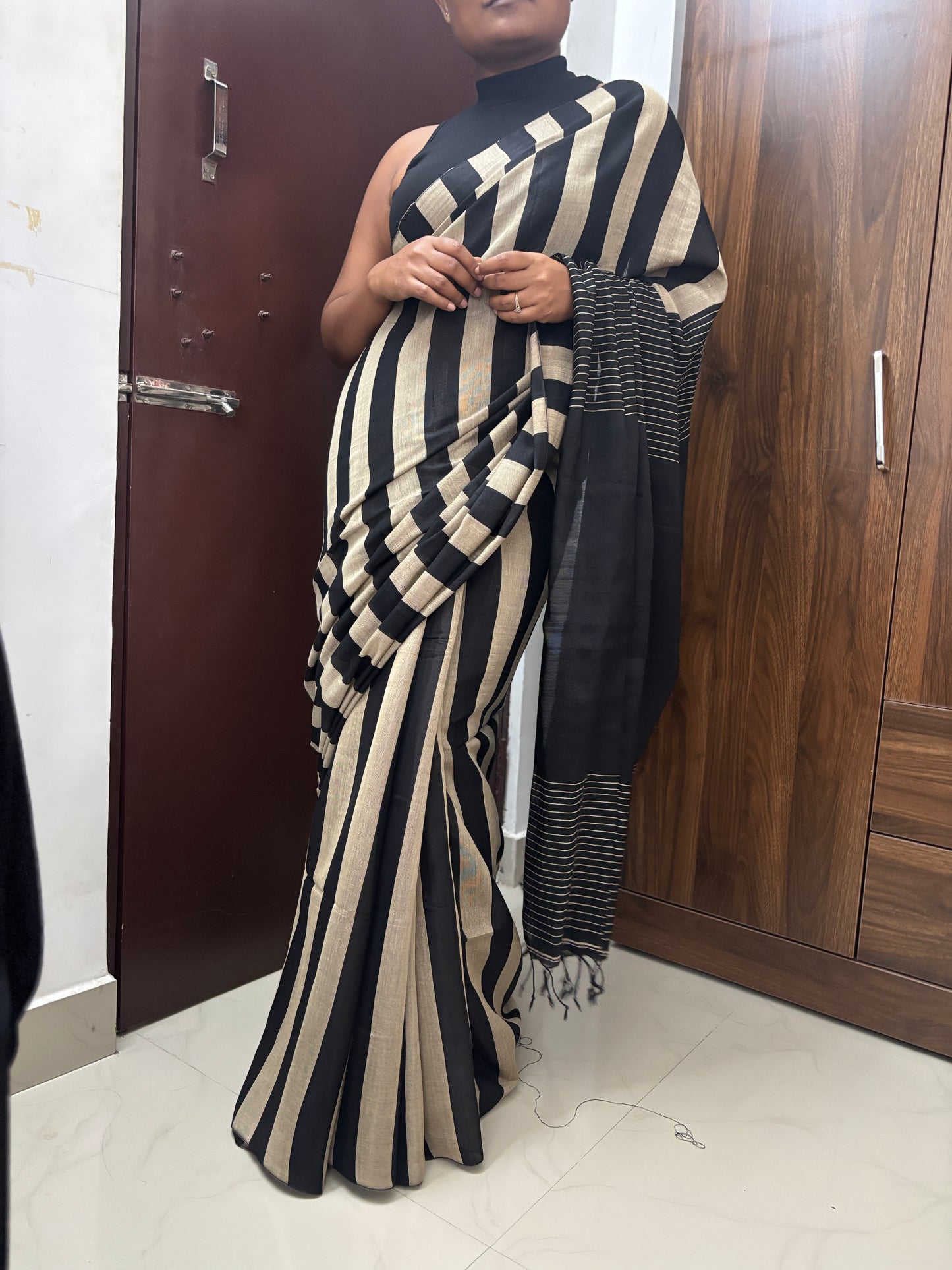 Black Stripes Cotton Tissue Saree