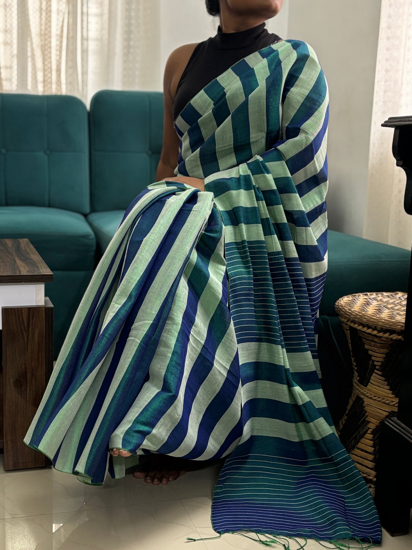 Blue Stripes Cotton Tissue Saree