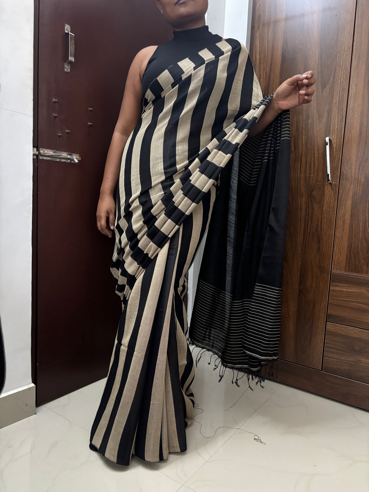 Black Stripes Cotton Tissue Saree