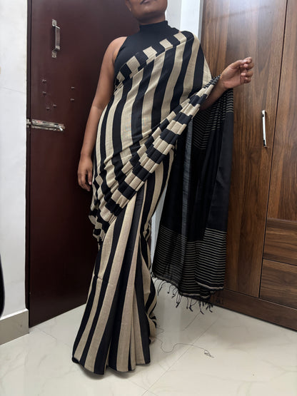 Black Stripes Cotton Tissue Saree
