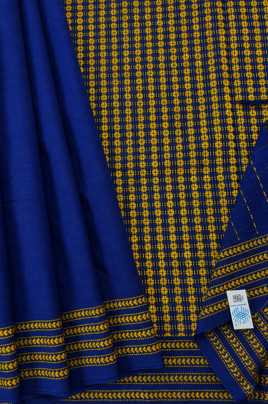 Blue Bengal Cotton Saree with Yellow Woven Border and Heavy woven pallu