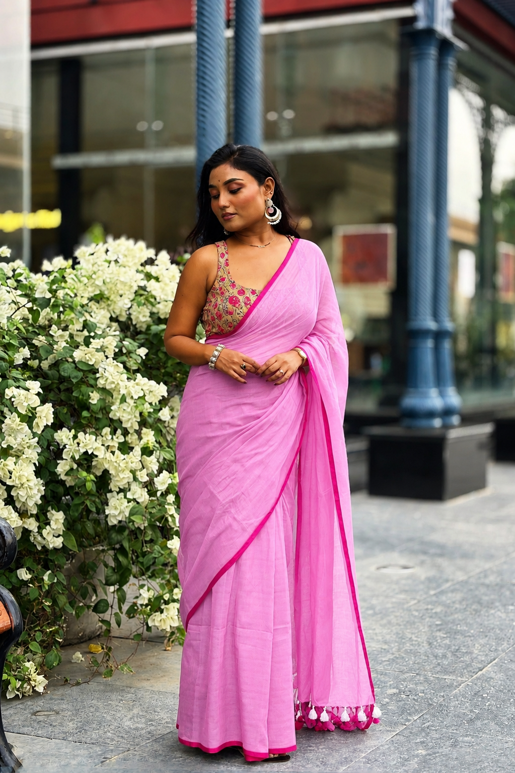 Summer Basics- Pink Saree with Beige floral handblock blouse