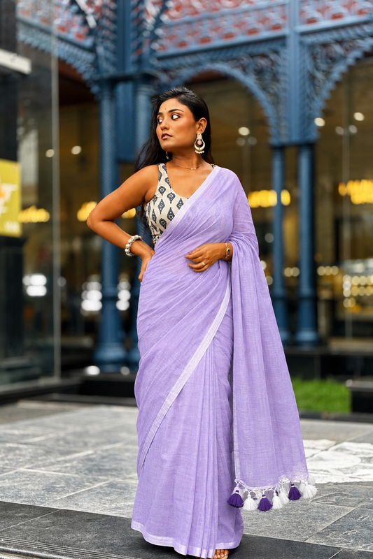 Summer Basics- Lilac saree with cement colour handblock blouse