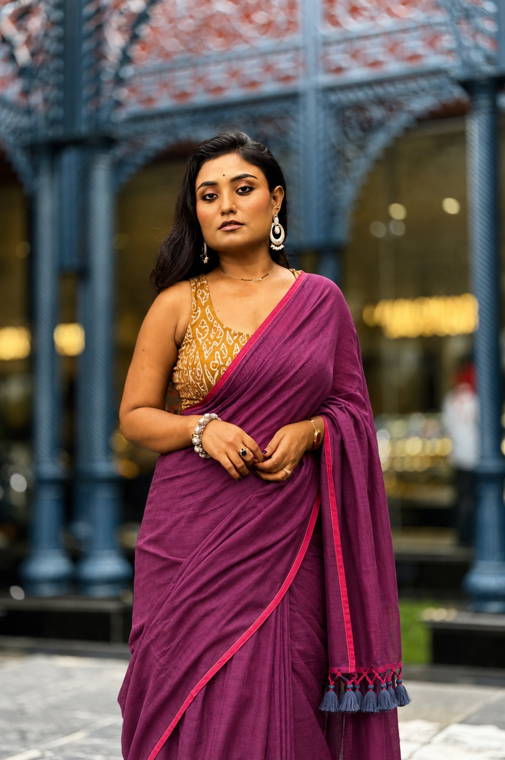 Summer Basics- Magenta saree with mustard handblock blouse
