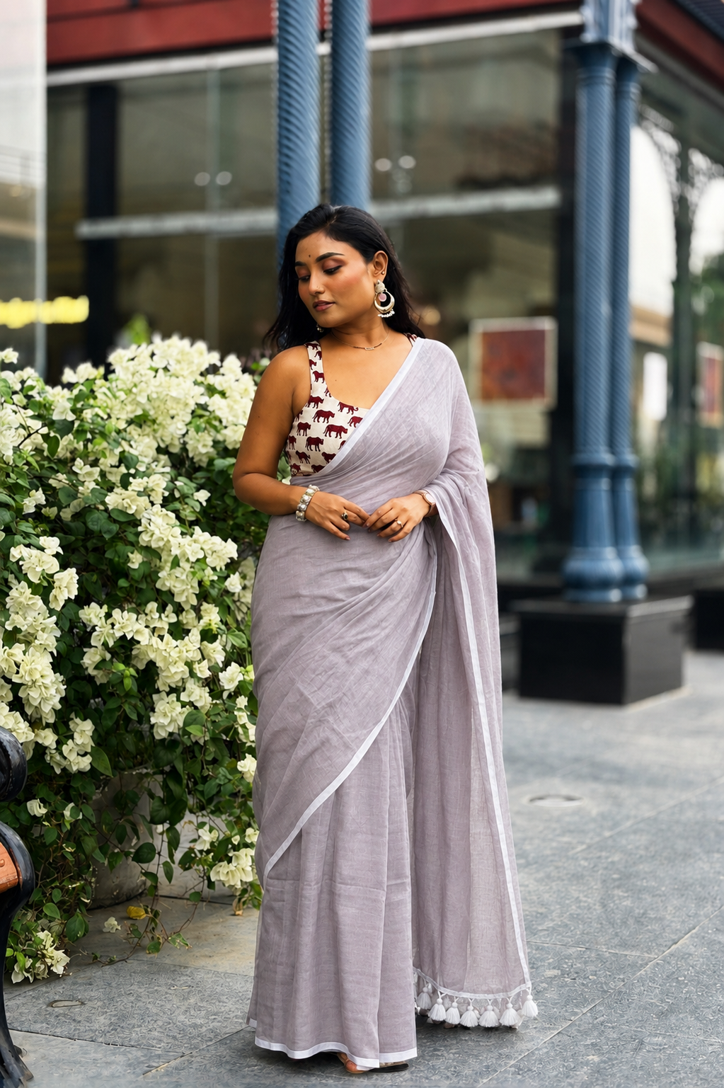 Summer Basics- Pastel Nude Saree with Off-white handblock blouse