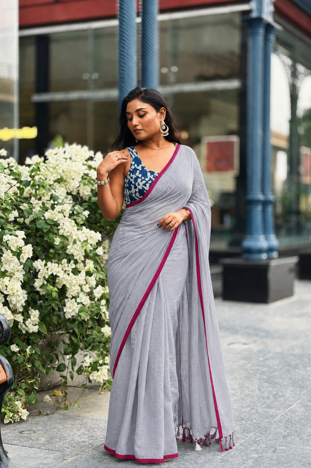 Summer Basics- Bluish Grey saree with Indigo handblock blouse