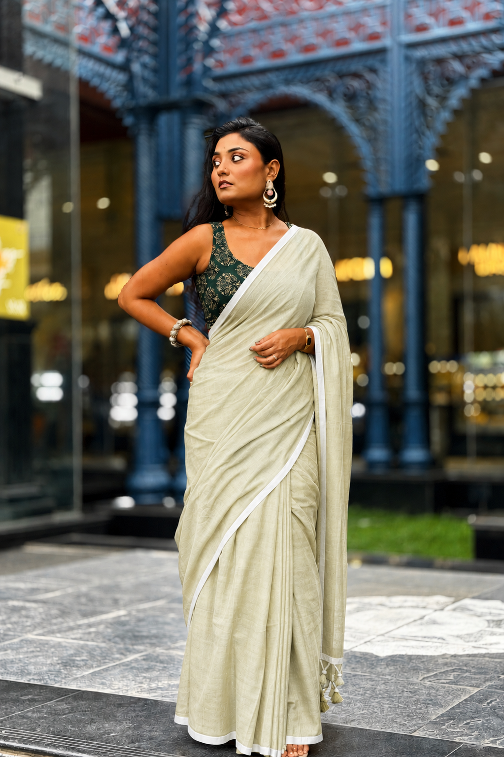 Summer Basics- Sugarcane Juice Green Saree with ForestGreen handblock blouse
