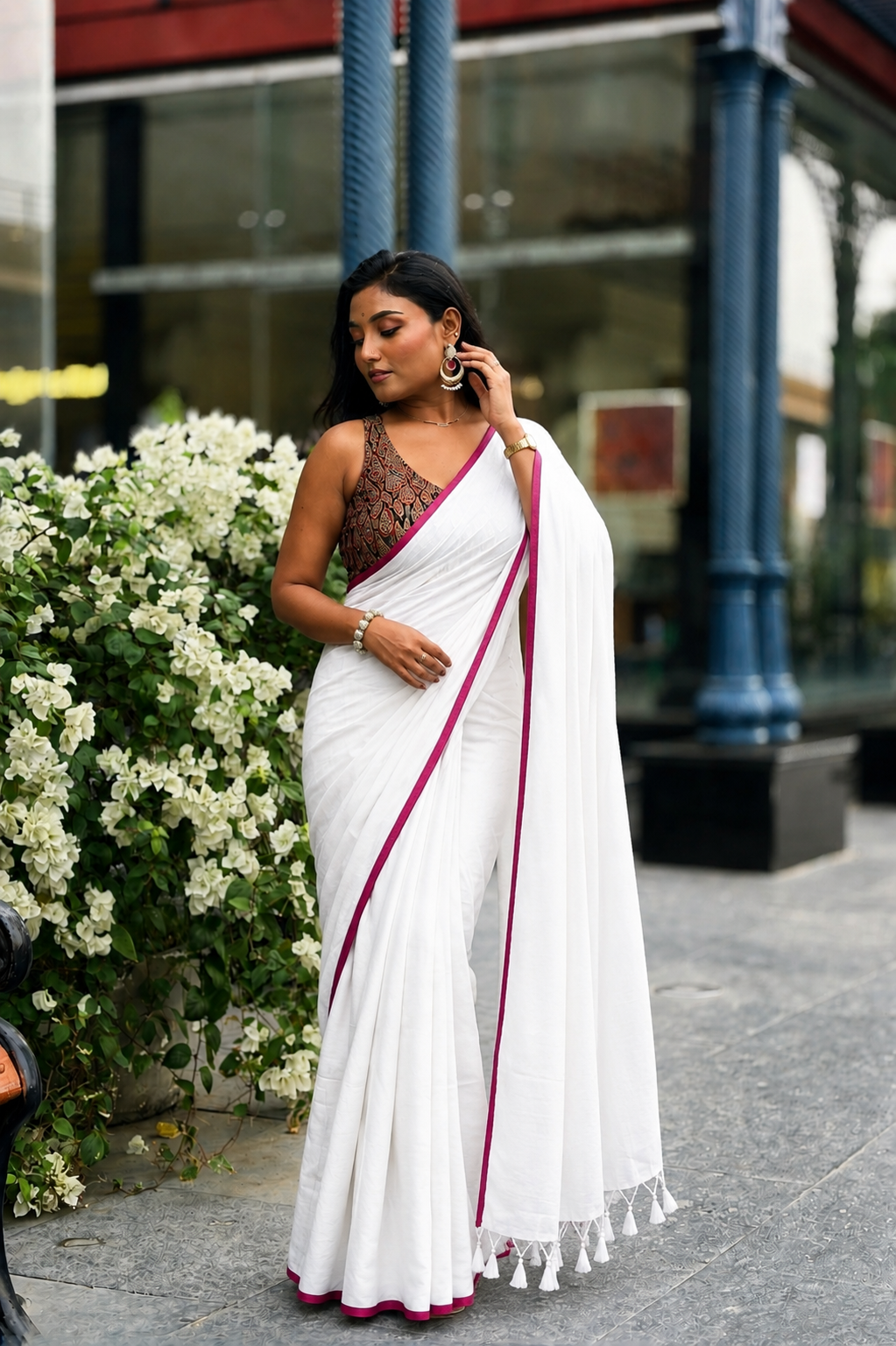 Summer Basics- White pink saree with Rust handblock blouse