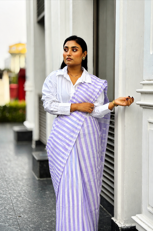 Summer Pops- Purple and White Strips and Jamdani Woven Pallu