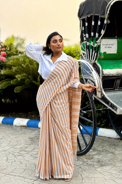 Summer Pops- Biscuit and White stripes and Jamdani Woven Pallu