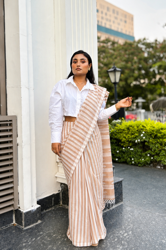 Summer Pops- Biscuit and White stripes and Jamdani Woven Pallu
